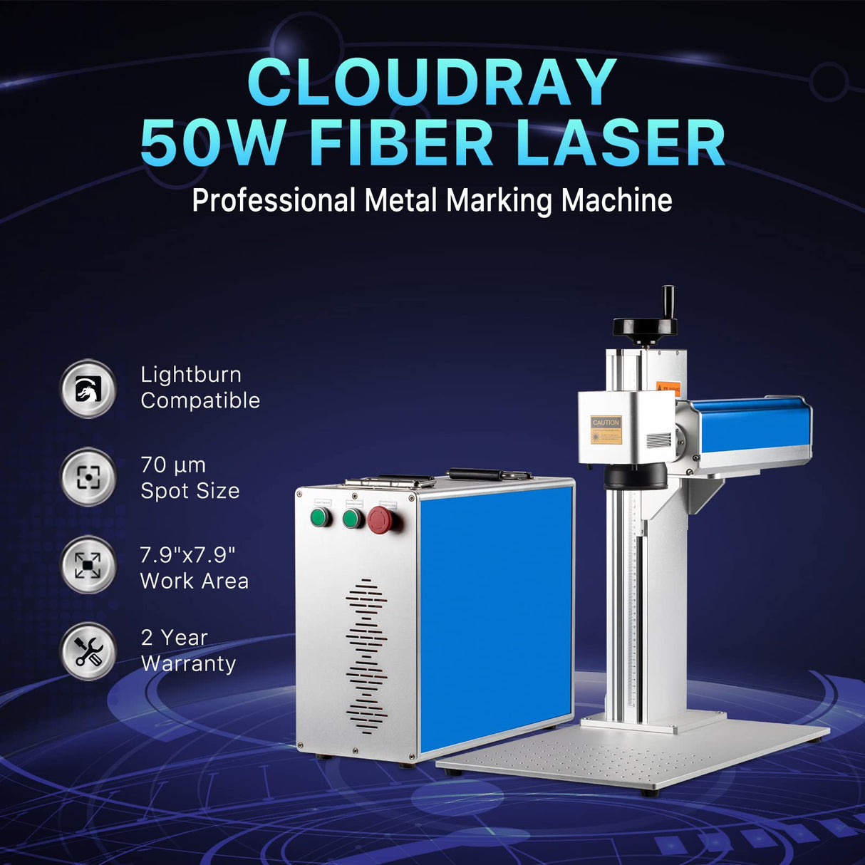 Cloudray 50W Fiber Laser Engraver with Rotary Axis, LightBurn Compatible Laser Engraver with Red Dot Pointer, 7.9x7.9 Solid State Laser Marking Cloudray