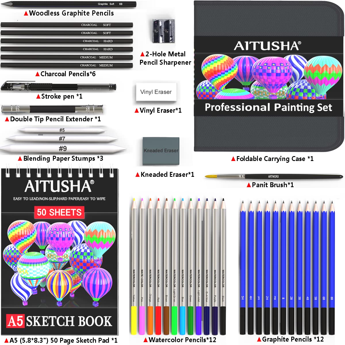 47 Pcs Drawing Sketch Pencils Set Sketching Pencils A5 Sketch Book for  Shading Pencil Set, Drawing