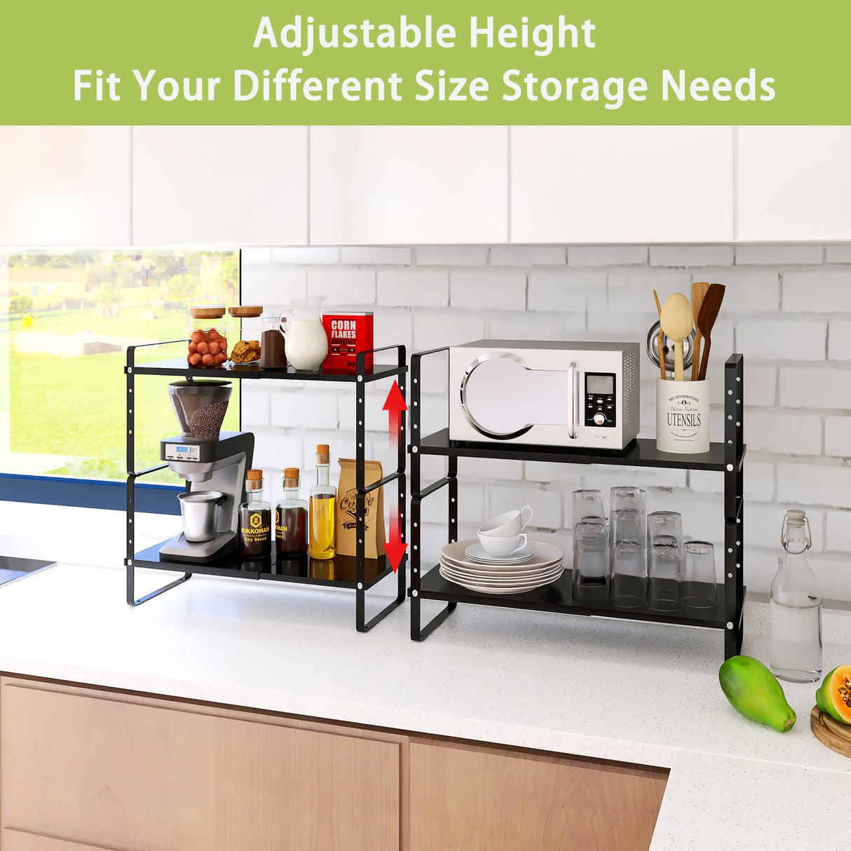 Across-Star Expandable Cabinet Shelf Organizer Rack, Stackable Kitchen Counter Storage Shelves Stand, Adjustable Height Pantry Shelf Spice Rack Across-Star