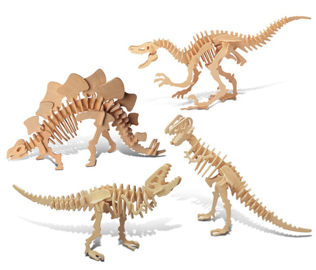 Puzzled Bundle of Velociraptor, Stegosaurus & Tyrannosaurus 2 in 1 Wooden 3D Puzzle Construction Kits, Educational Dino Toy Assemble Model Unfinished Puzzled