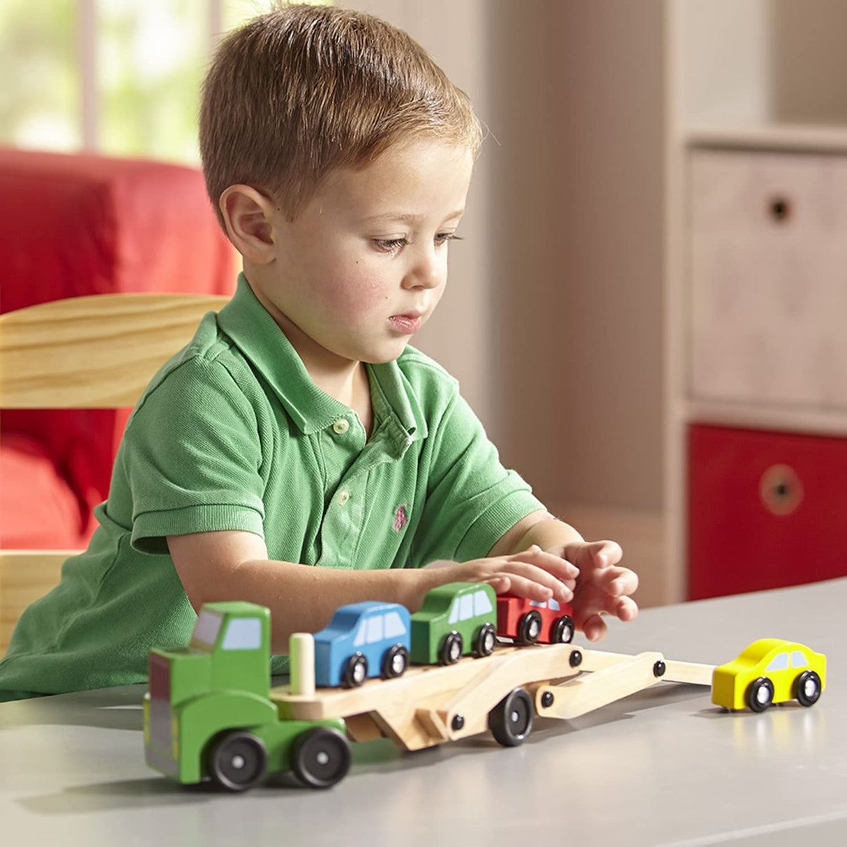 Melissa & Doug Car Carrier Truck and Cars Wooden Toy Set With 1 Truck and 4 Cars - Vehicle Toys, Push And Go Wooden Trucks For Toddlers And Kids Ages Melissa & Doug