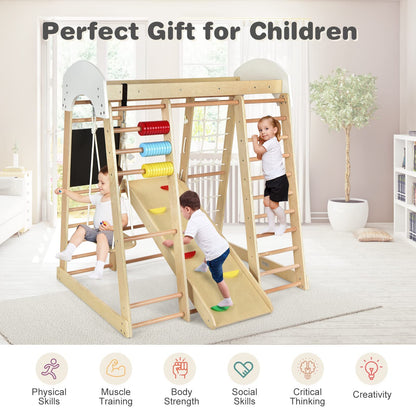 Costzon Indoor Jungle Gym, 8-in-1 Climbing Toys for Toddlers with Slide, Climbing Rock/Net, Monkey Bars, Drawing Board, Abacus Game and Swing, Wooden