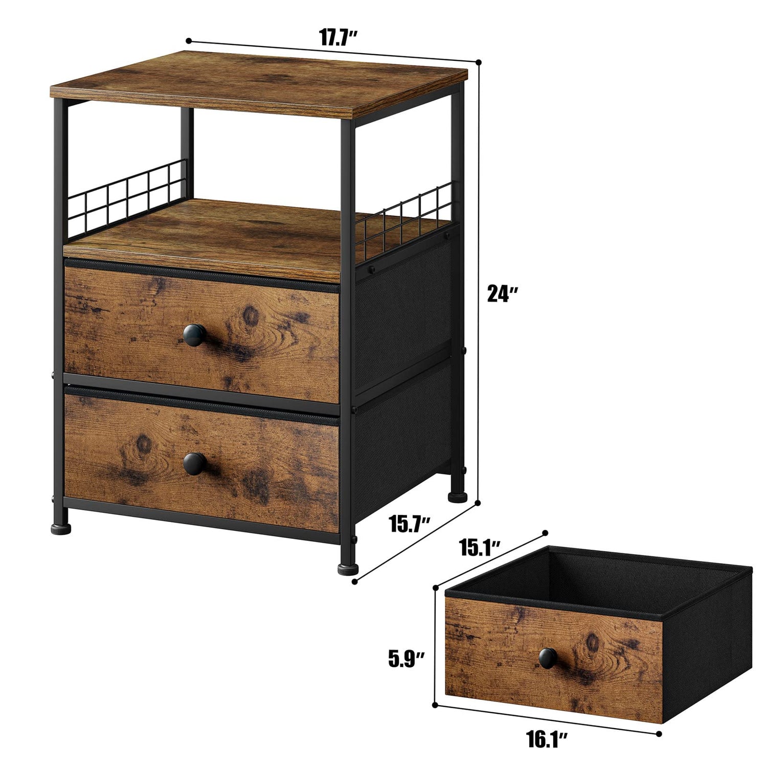 EnHomee Nightstand Set of 2, Bedside Table with Fabric Drawers and Open Wood Shelf Storage, Industrial Bed Side Table, Night Stand for Bedroom, EnHomee