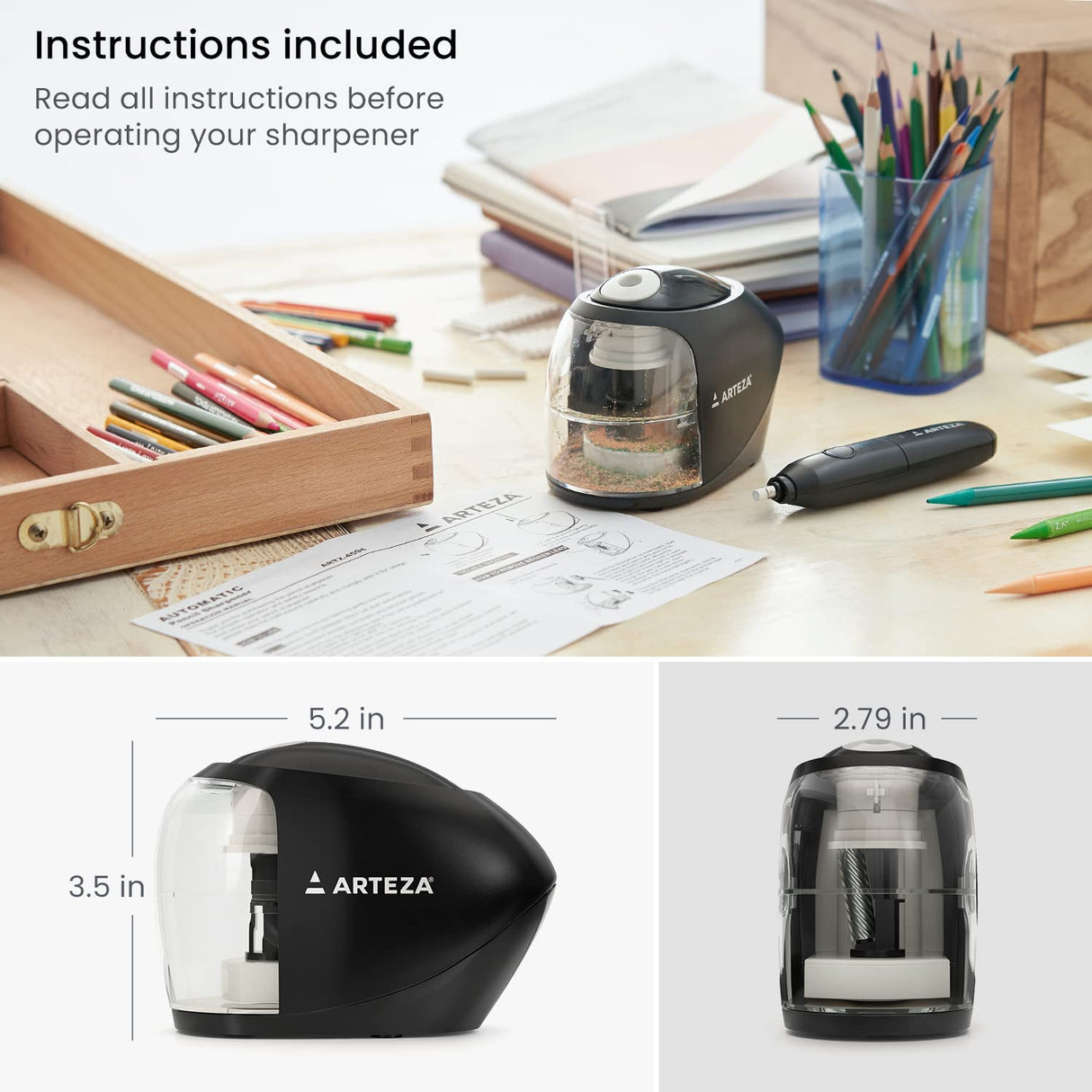 Arteza Pencil Sharpener and Electric Eraser Set, Black, for 8-mm Pencils, 20 Eraser Refills, Office Supplies for Teachers, Students, Classrooms, and ARTEZA
