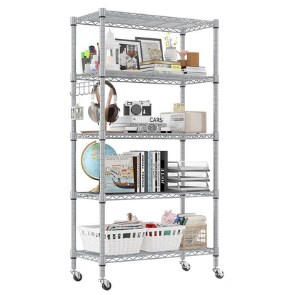 Homdox 5 Tier Adjustable Rolling Storage Shelves, Heavy Duty Wire Storage Racks and Shelving, Metal Shelves for Storage with Side Hooks for Pantry - WoodArtSupply