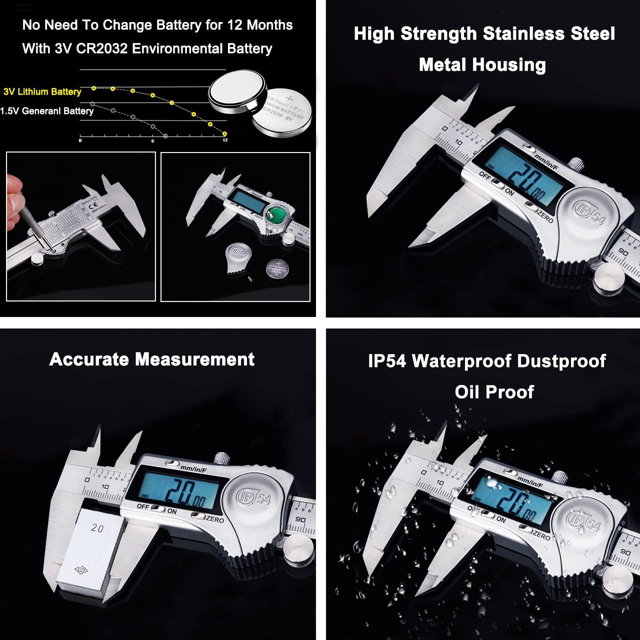 Kynup Digital Caliper, Calipers 6 Inch Measuring Tool with Stainless Steel, IP54 Splash Proof Protection Design, Easy Switch from Inch Metric - WoodArtSupply