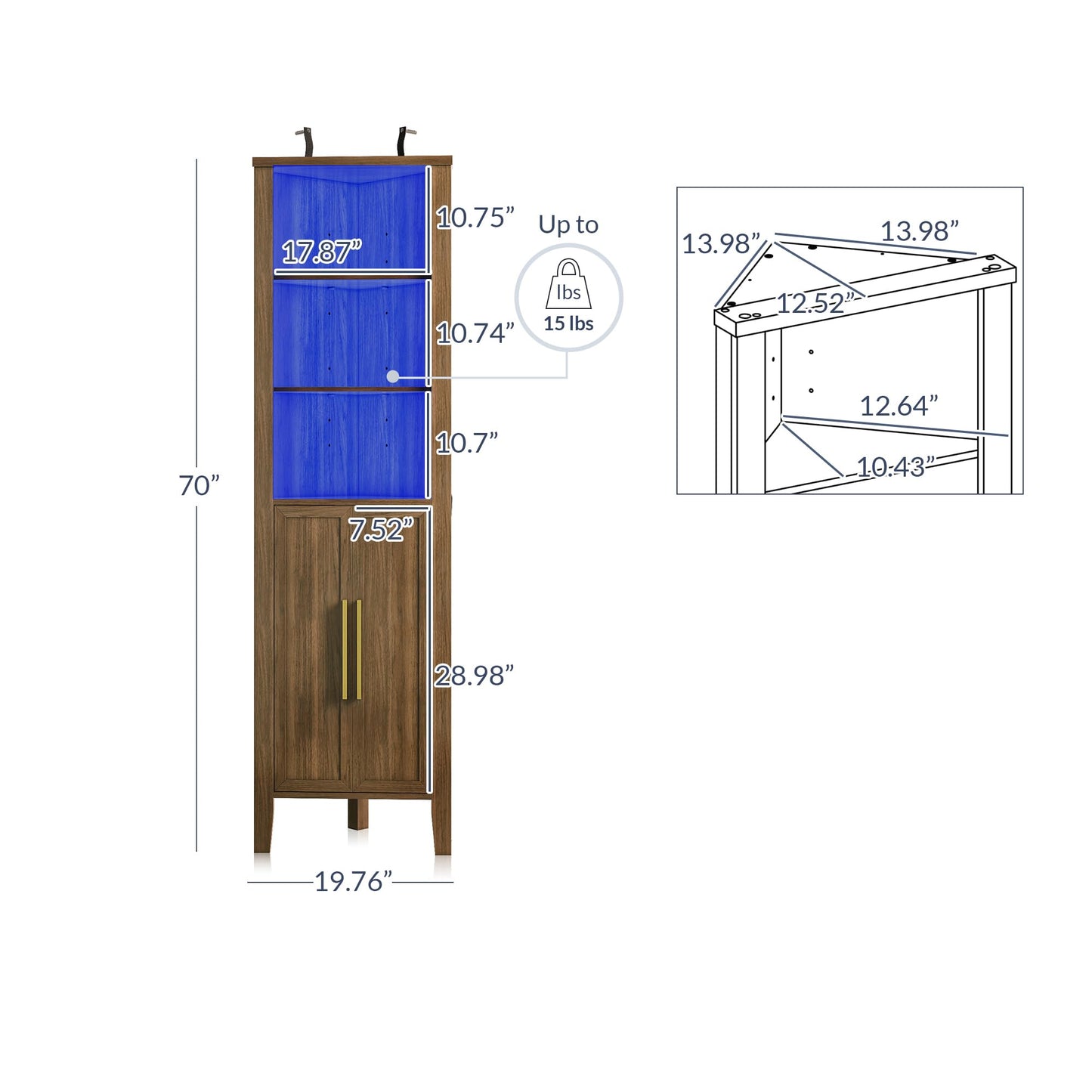 BELLEZE Corner Cabinet with LED Light, 70 Inch Corner Shelf with Doors 5 Tiers Display Cabinet with RF Remote Control Tall Corner Bookshelf with