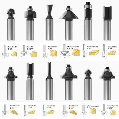 FivePears Tungsten Carbide Router Bits - 12 Piece Router Bit Set with 1/2-Inch Shank for Doors,Tables,Shelves,Cabinets,DIY Woodwork - WoodArtSupply