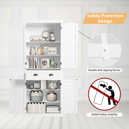 KIGOTY Kitchen Pantry Dining Cabinet Storage Pantry with Drawer and Adjustable Shelves for Living Room,Bathroom or Hallway (White, 72“H)