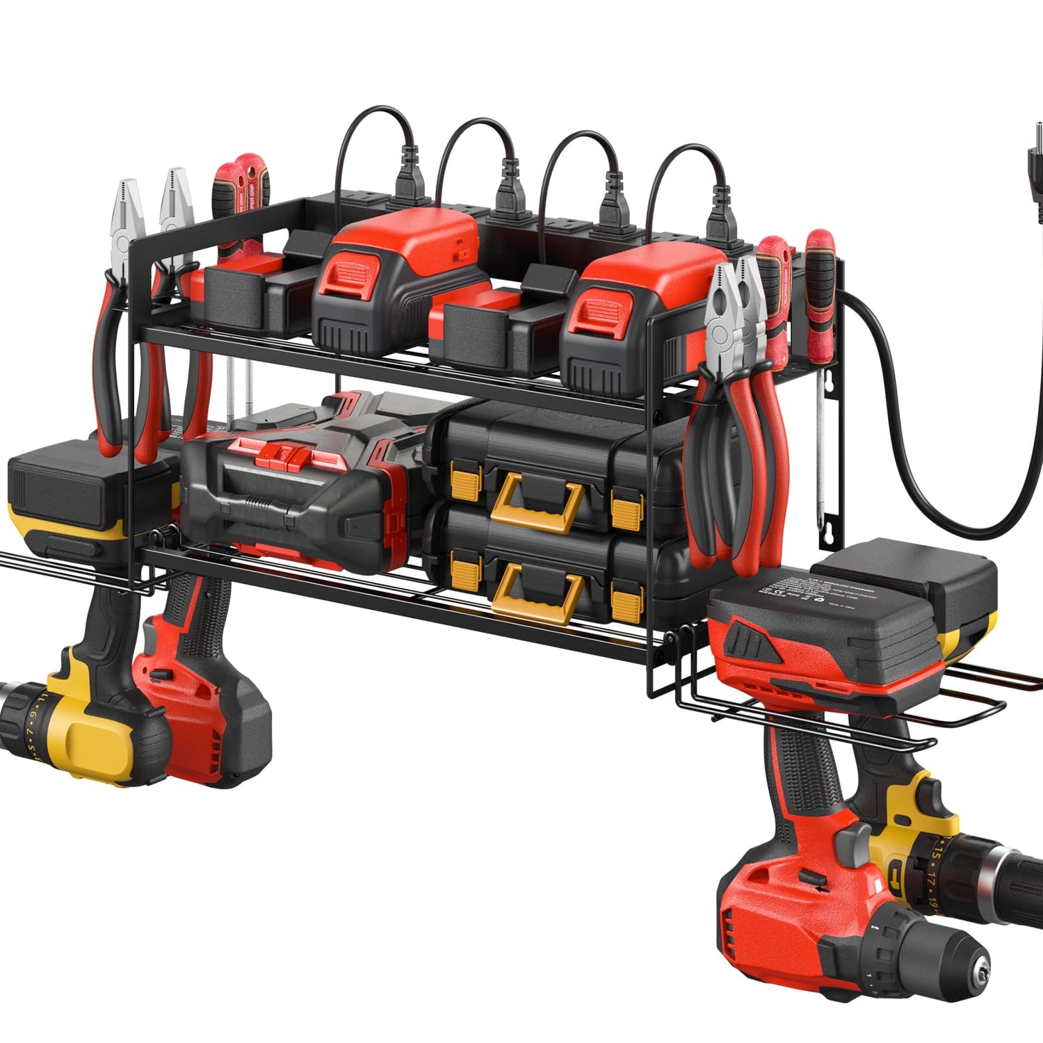 CCCEI Garage Tools Storage with Charging Station. Power Tool Battery Organizer Utility Shelf with Power Strip. 4 Drills Holder Wall Mount Rack, CCCEI