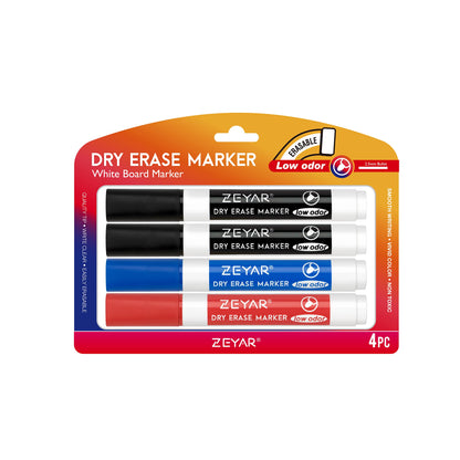 ZEYAR Low Odor Dry Erase Marker, Bullet Tip White Board Marker, 4 Count (2 Black,Blue,Red) - WoodArtSupply