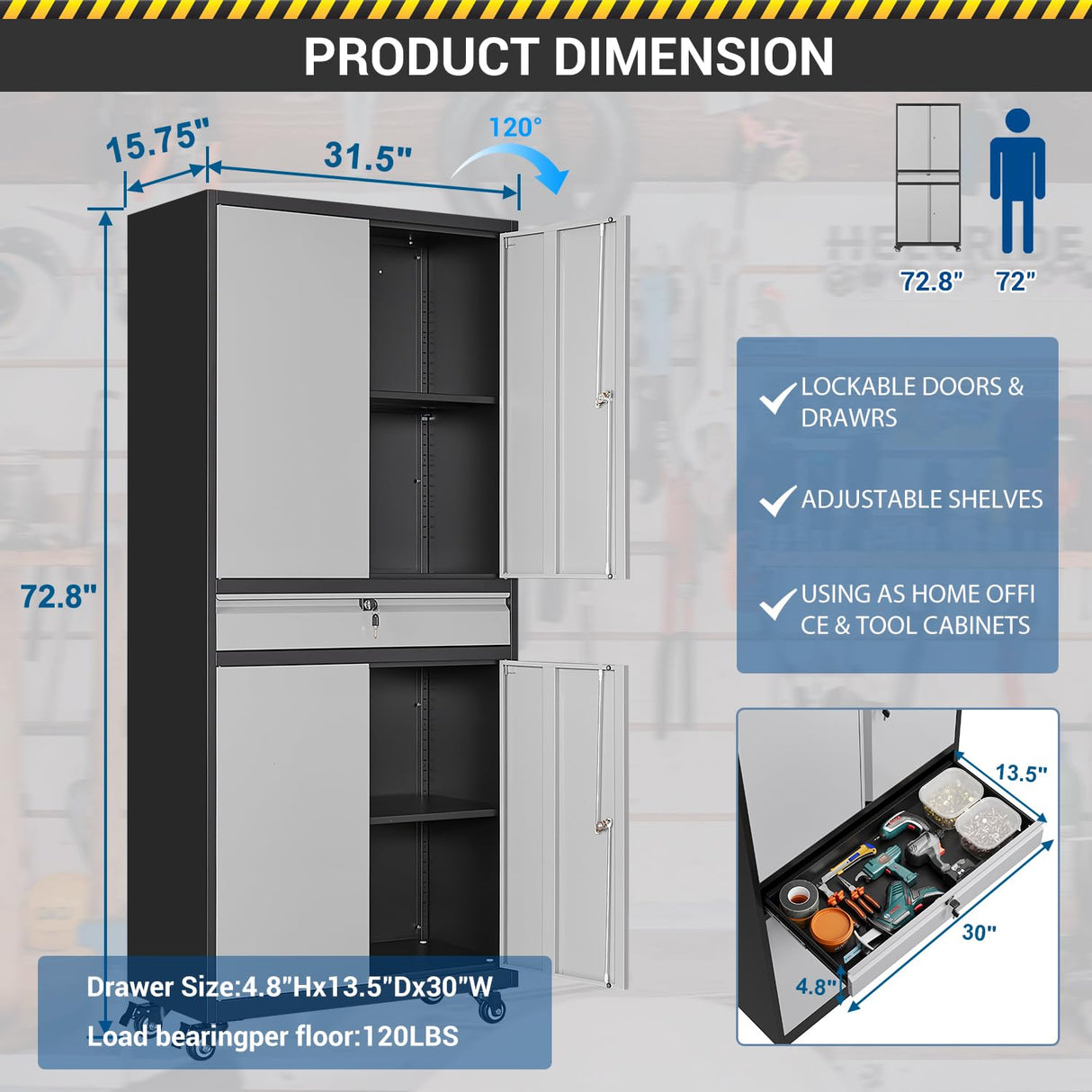 Fesbos 73" Metal Cabinet-Black&Gray Heavy Duty Rolling Storage Cabinet Steel Tool Cabinets with Wheels, Shelves, Lockable Doors and Drawers- for Fesbos