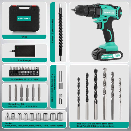 COMOWARE 20V Cordless Drill, Electric Power Drill Set with 1 Battery & Charger, 3/8” Keyless Chuck, 2 Variable Speed, 266 In-lb Torque, 25+1 Position COMOWARE