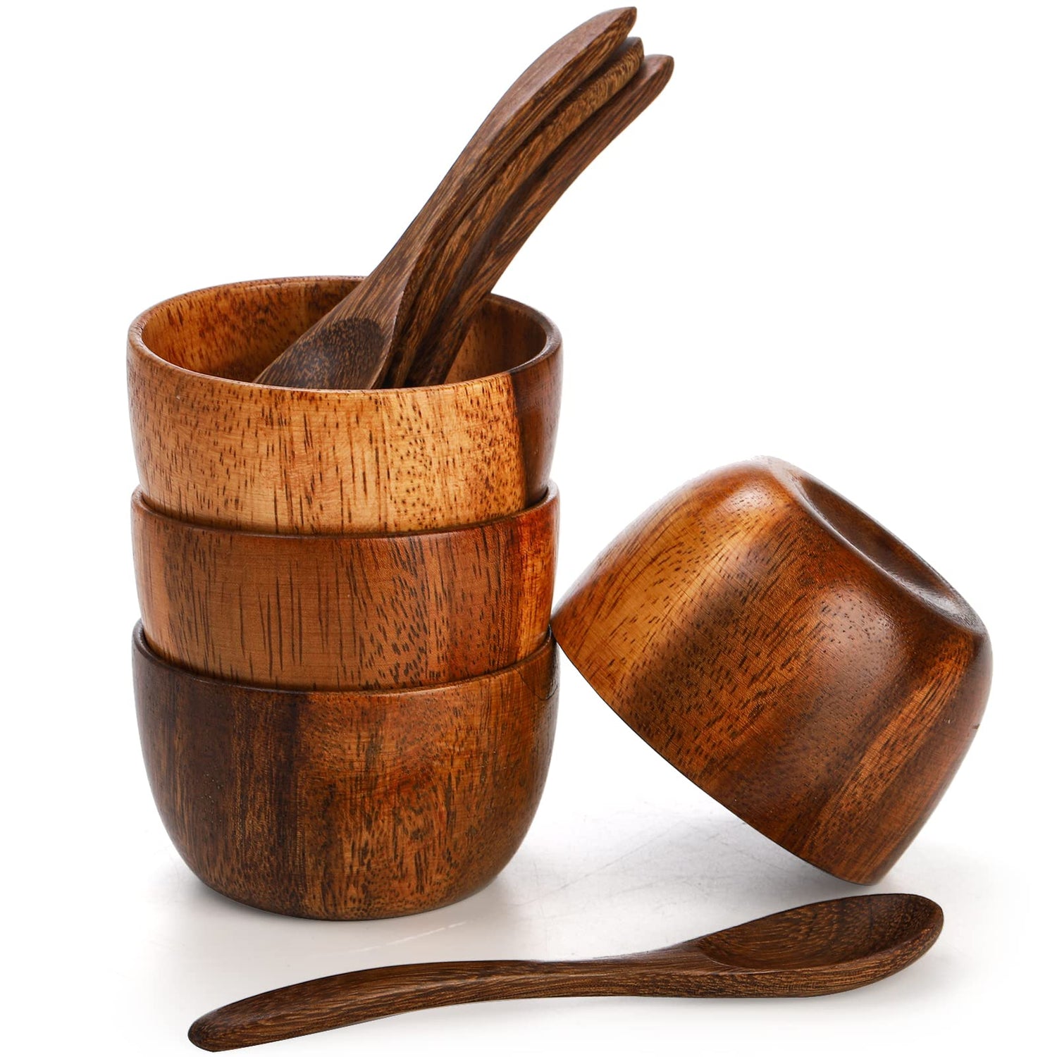 Lyellfe Set of 4 Acacia Wooden Bowl, 4 Oz Dipping Sauce Bowl with Spoon, 3 Inch Small Charcuterie Dish, Soup Water Cup for Condiments, Jam, Nuts, Lyellfe