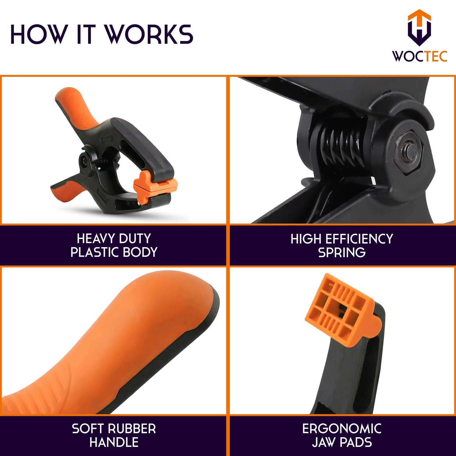 WOCTEC 4-Pack Spring Clamps Heavy Duty - 6 Inch Large Plastic Clamps for Crafts and Pool Cover Clips with 3 Inch Jaw Opening- Wodworking Clamps for Woctec