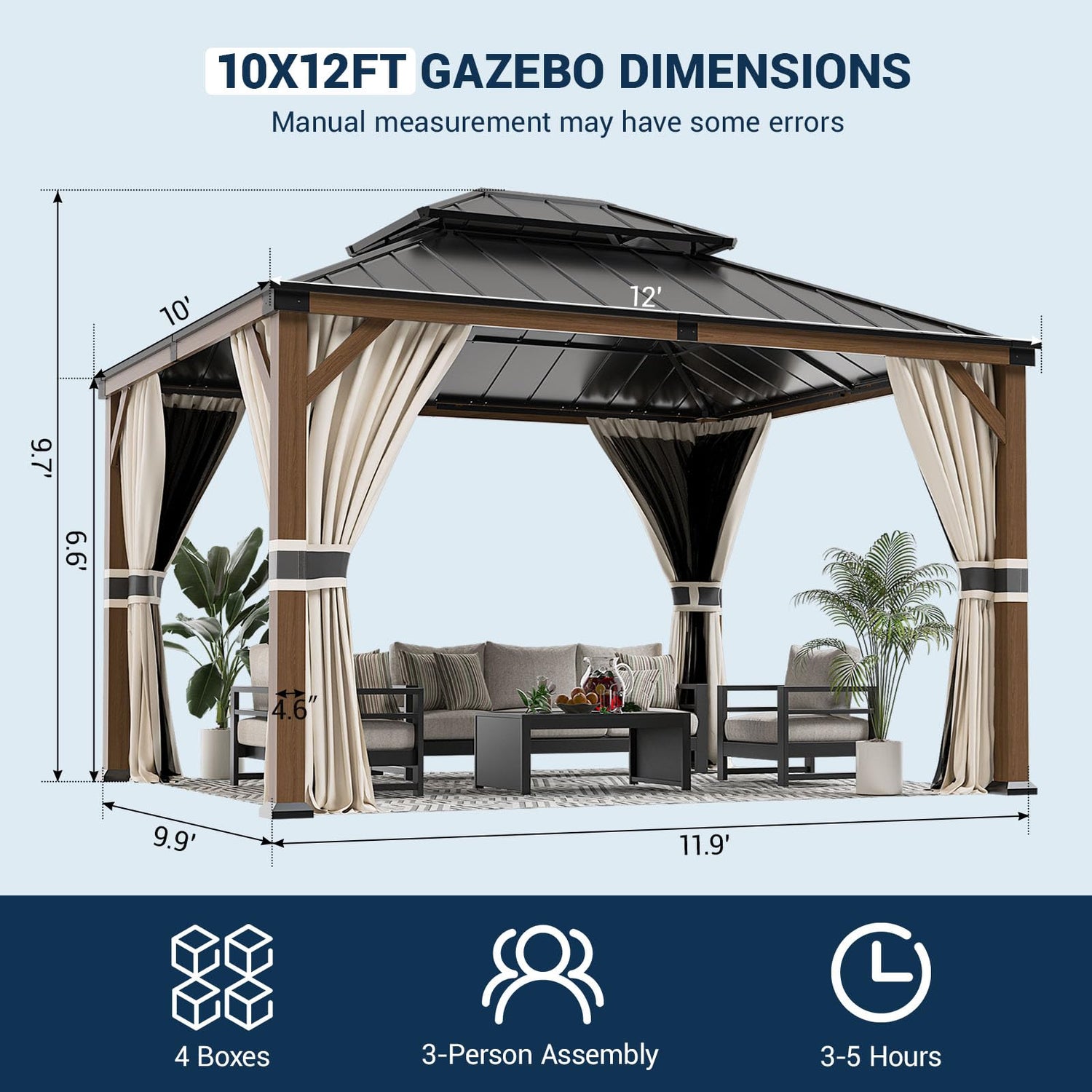UDPATIO 10' x 12' Hardtop Gazebo, Wood Grain Finish Aluminum Frame Outdoor Gazebo with Galvanized Steel Double Roof, Metal Gazebo Canopy with Curtain UDPATIO