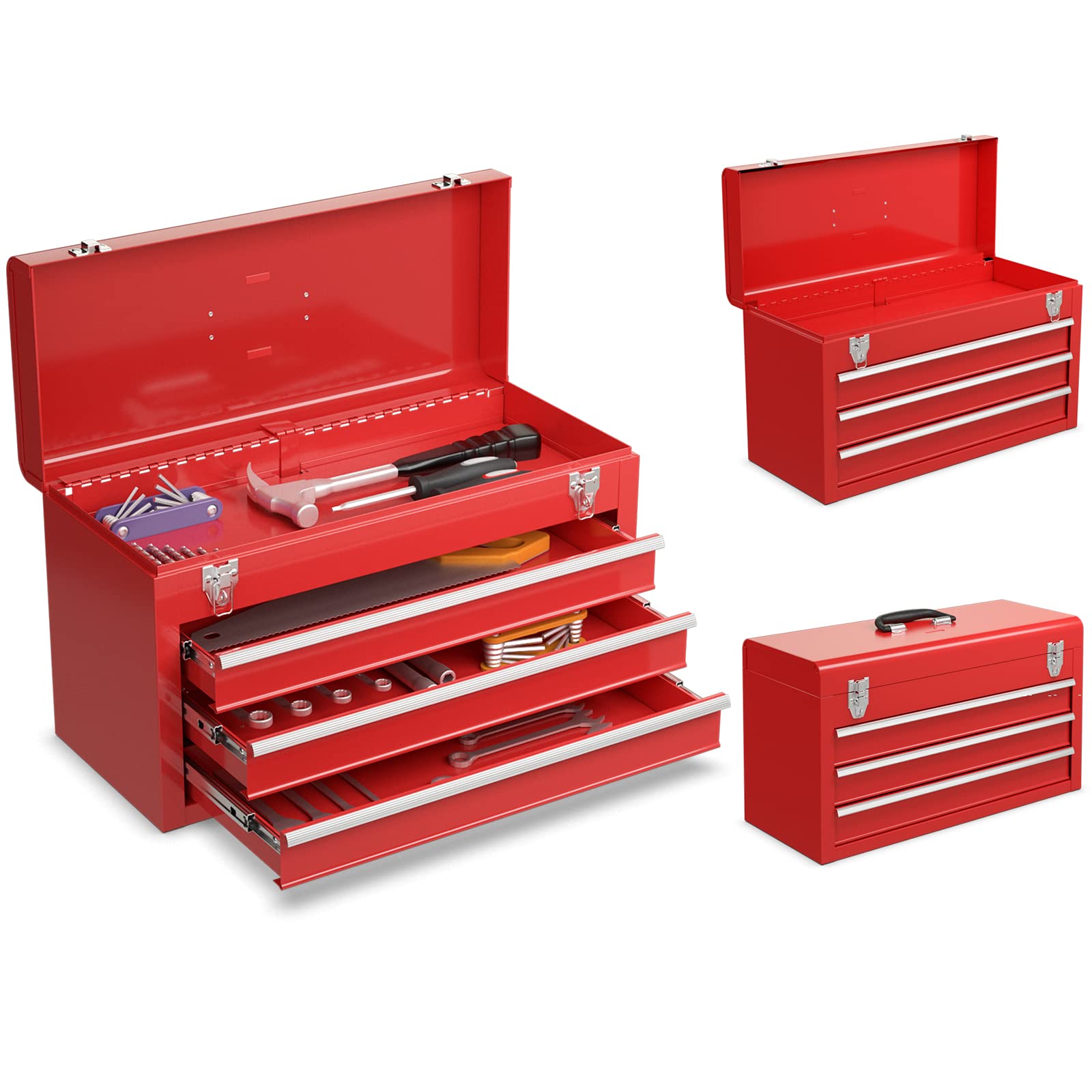 Goplus Tool Box with 3 Drawers, 20" Portable Tool Chest Organizer with Lock Latch & Liner for Garage Trunk Household, Powder Coated Steel, Red - WoodArtSupply