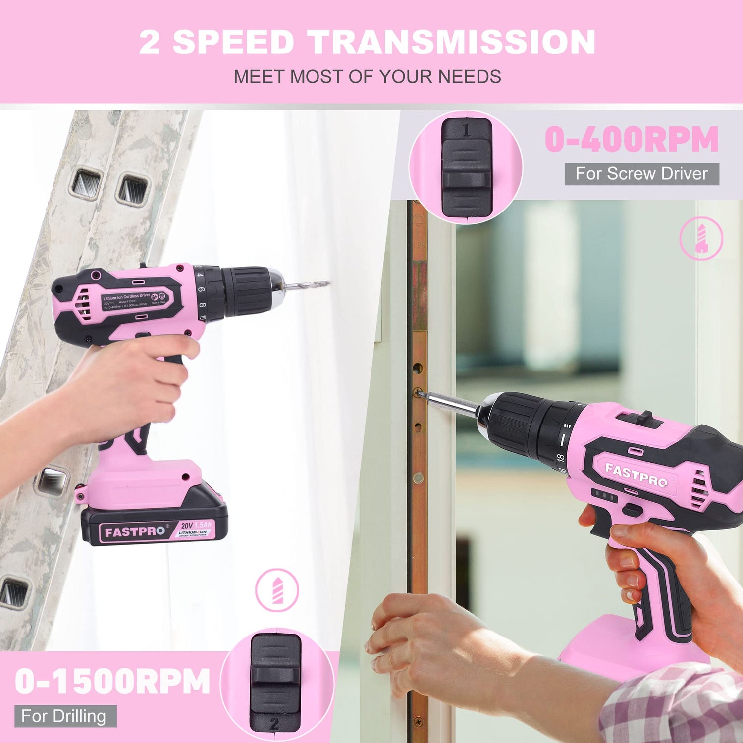 FASTPRO 177-Piece 20V Pink Cordless Lithium-ion Drill Driver and Home Tool Set, Lady's Home Repairing Tool Kit with Drill in Tool Storage Case FASTPRO