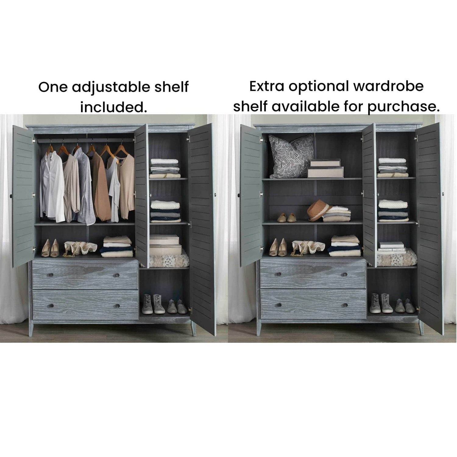 Grain Wood Furniture Greenport 3-Door Wardrobe, Brushed Grey Grain Wood Furniture