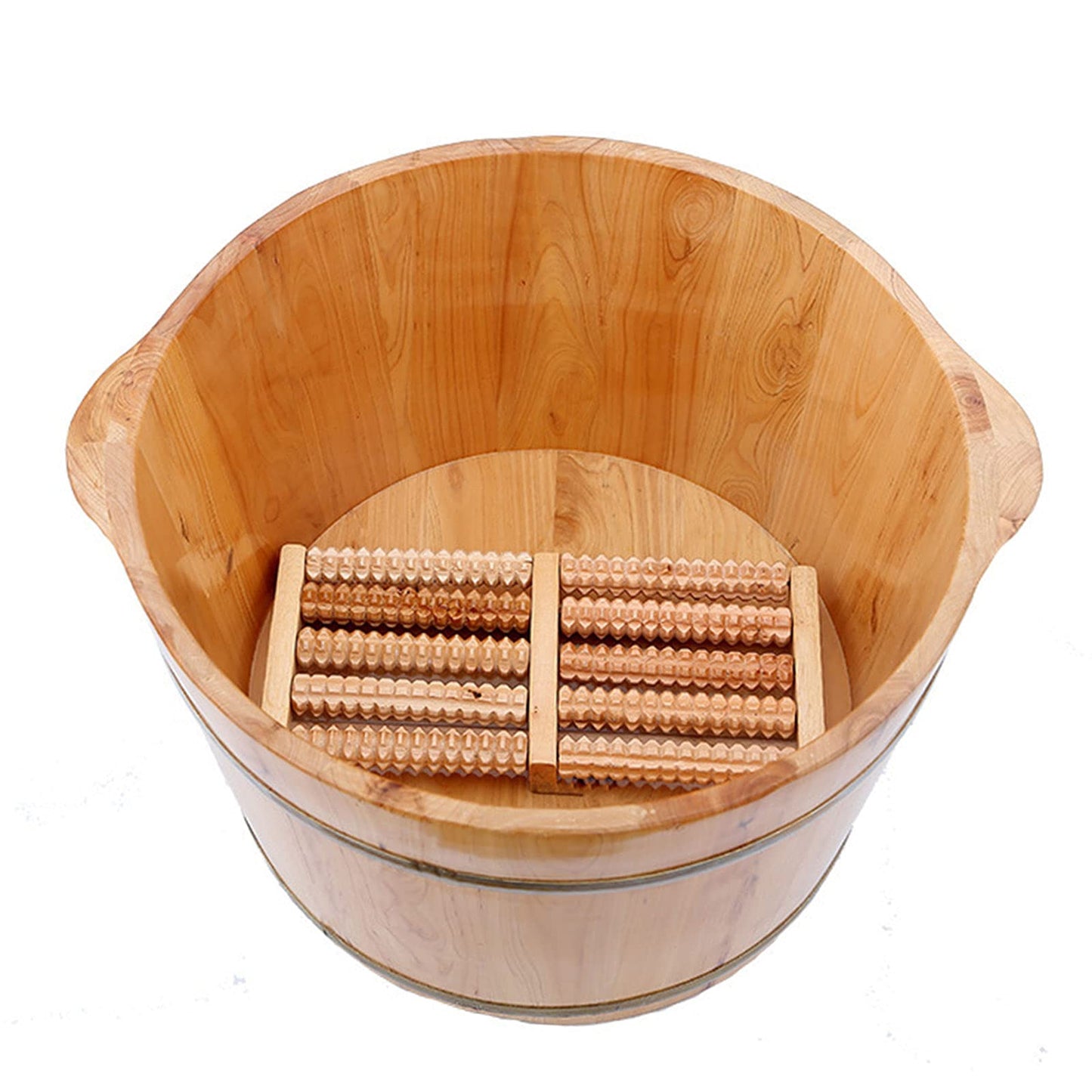 AngelcityCC Wood Foot Tub with Massager and lid, Solid Wood Handmade Wooden Foot Basin Set for Soaking Feet Spa Foot Care - WoodArtSupply