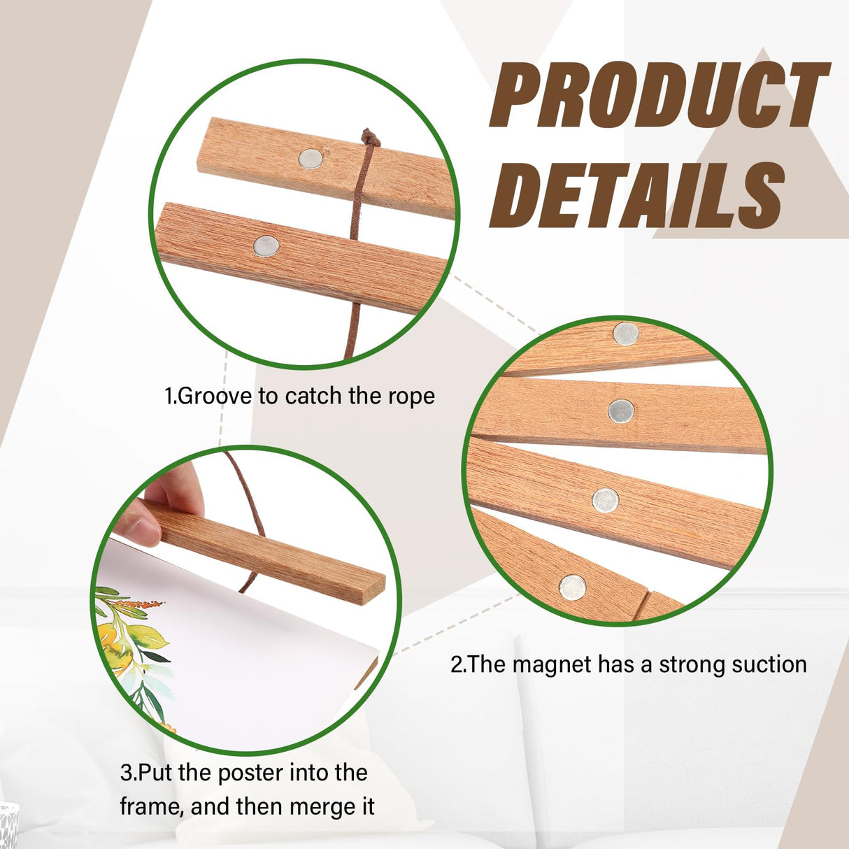 6 Pack Magnetic Poster Frame Hanger Light Wooden Frames Hanger for Posters Teak Wood Poster Hanging Kit for Walls Maps Prints Photos Pictures Canvas Kanayu