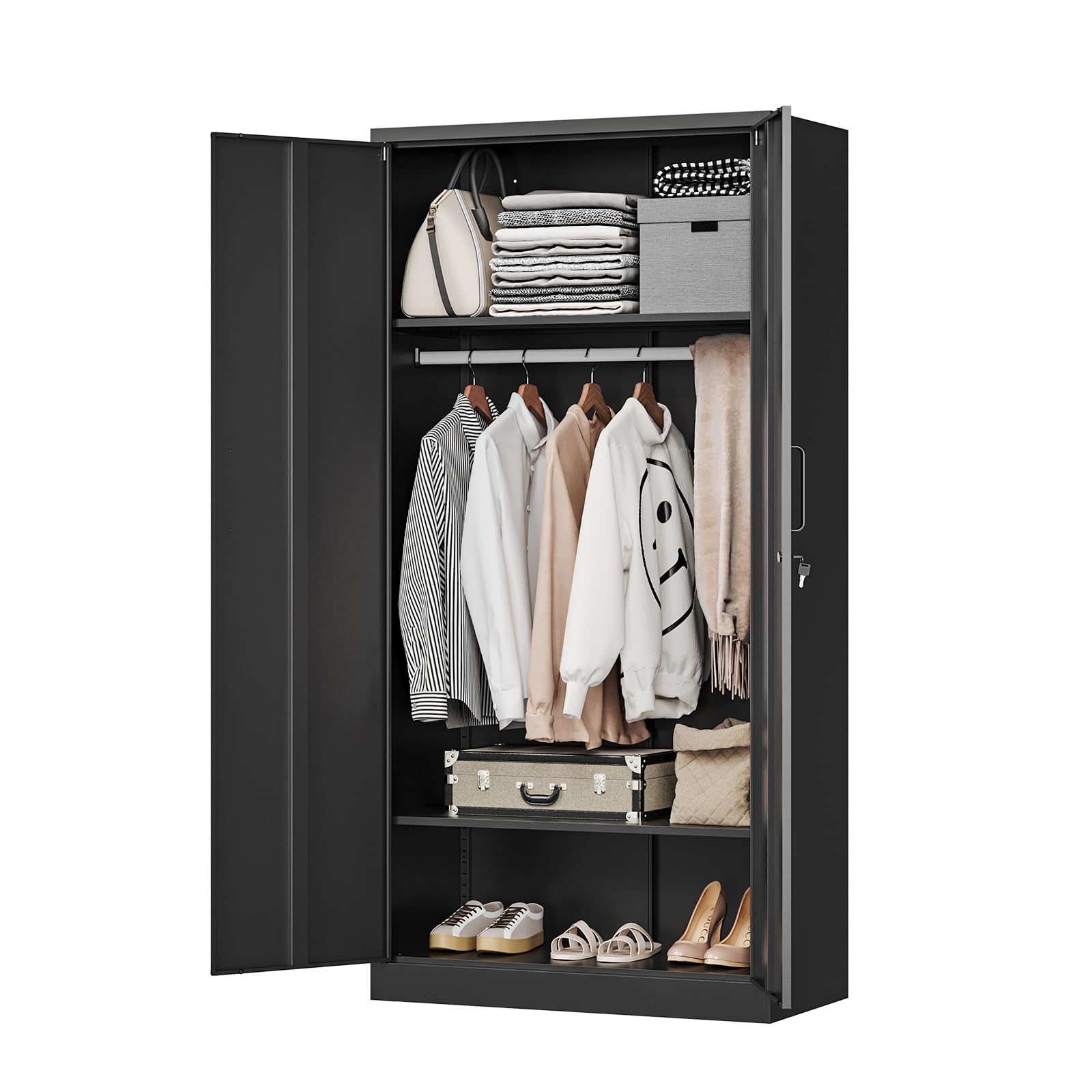 MIIIKO Steel Wardrobe Cabinet for Clothes, 72" Garments Closet Cabinet for Home Office and Bedroom with Shelves and Hanging Rod - WoodArtSupply