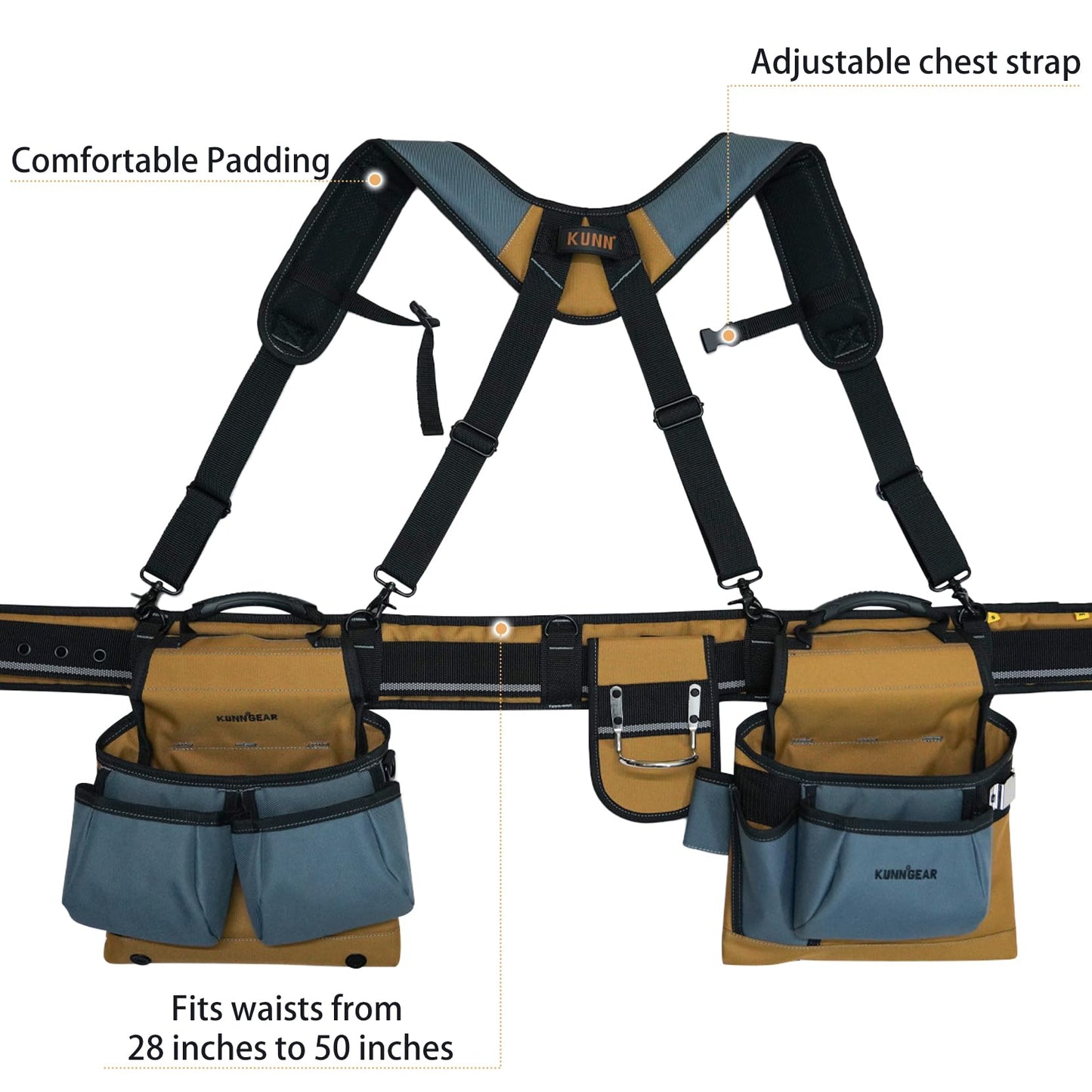 KUNN Carpenter Tool Belt with Suspenders Pro Framer Suspension Tool Rig for Construction Contractors and Electrician,Khaki - WoodArtSupply