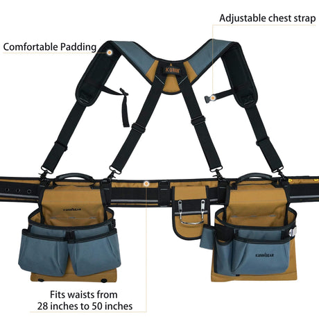 KUNN Carpenter Tool Belt with Suspenders Pro Framer Suspension Tool Rig for Construction Contractors and Electrician,Khaki KUNN