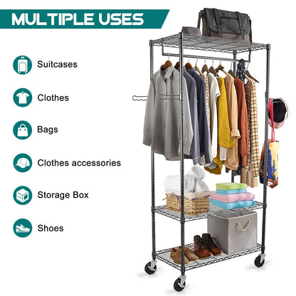 WDT Rolling Garment Rack with Wheels, Large Heavy Duty Clothing Rack with 3 Tier Shelves, Adjustable Metal Garment Closet Organizer Rack for Hanging - WoodArtSupply