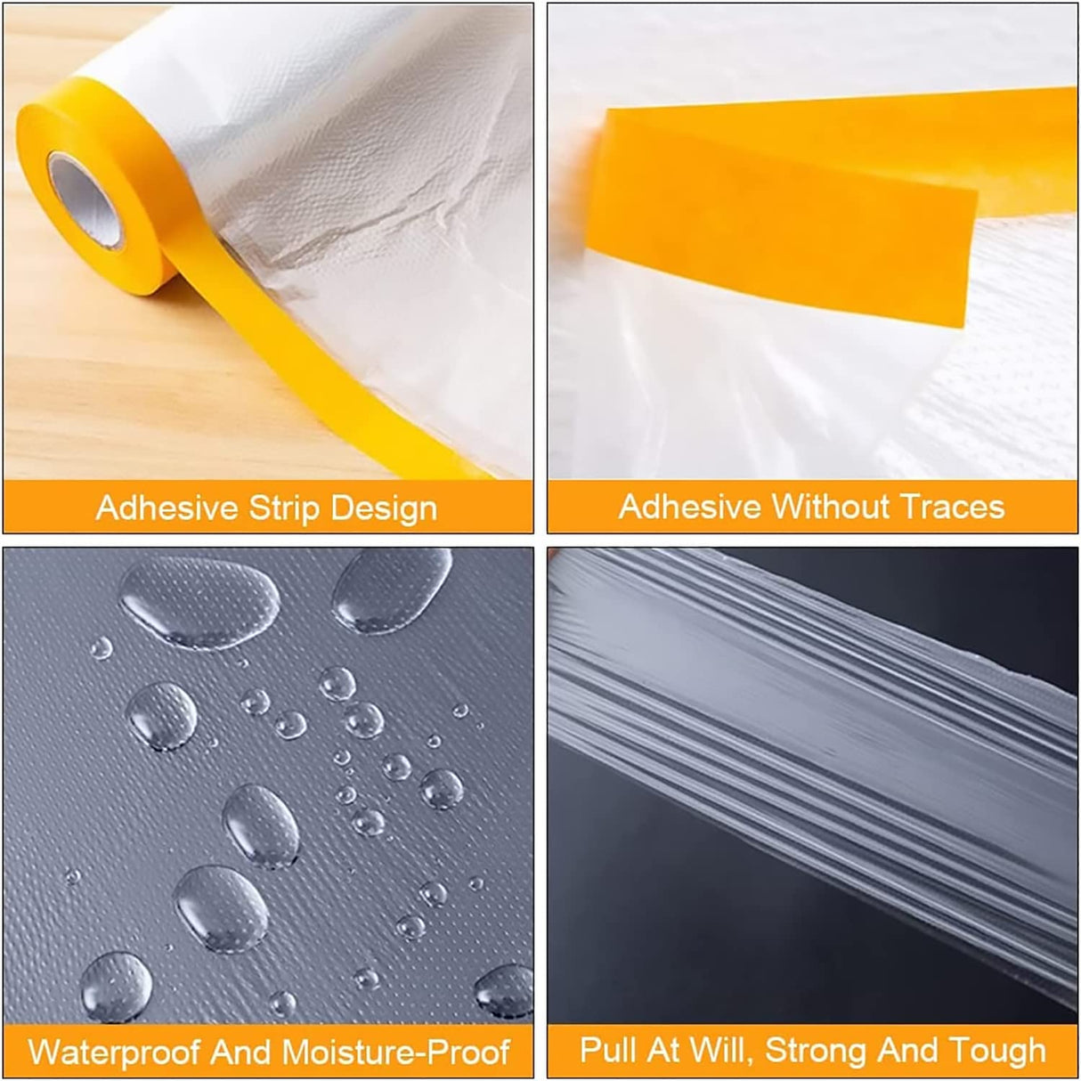 Painters Plastic With Tape, Pre-Taped Masking Film, 4 Rolls Automotive Best Tape and Drape, Paint Adhesive Protective Film Roll for Covering YOUMEIYUAN