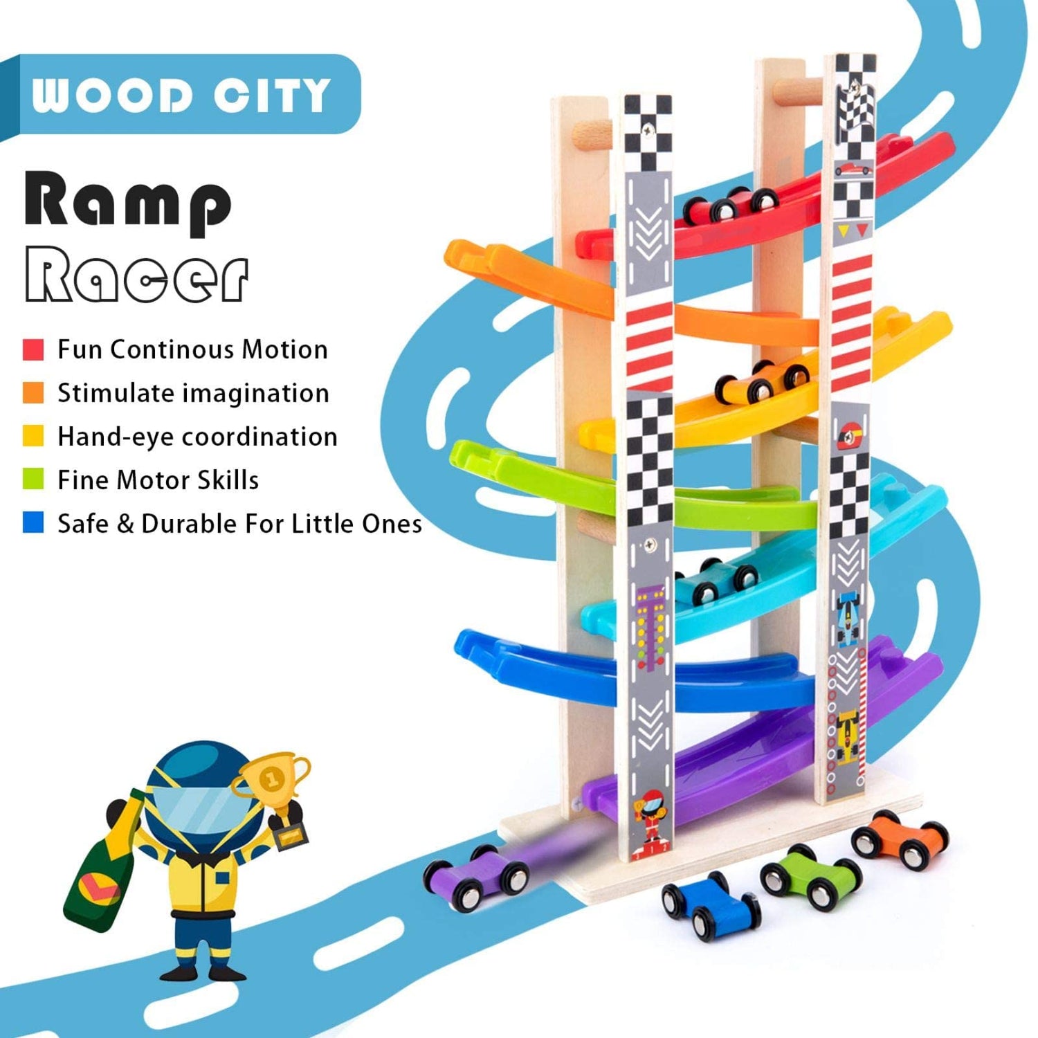WOOD CITY Toddler Toys for 1 2 3 Years Old, Wooden Car Ramp Racer Toy Vehicle Set with 7 Mini Cars & Race Tracks, Montessori Toys for Toddlers Boys WOOD CITY