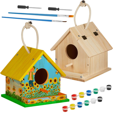 Liliful 2 Sets DIY Wooden Birdhouse Kits for Adults Wooden Bird Houses to Build with Paints and Paintbrushes Hanging Woodworking Kit for Boys and Liliful