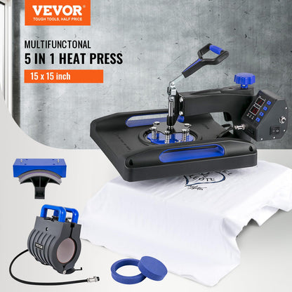 VEVOR Heat Press, Upgrade 5 in 1 Heat Press Machine for T-Shirt Hat Cap Mug Plate Sublimation, 15x15 inch Anti-Scald Fast Swing Away Digital Control