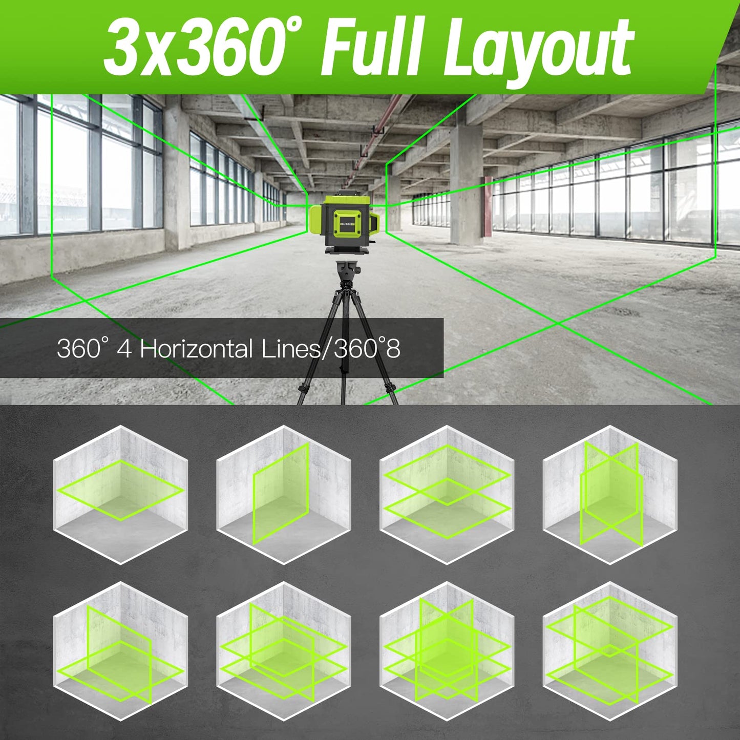 Susbie Laser Level -3x360° Cross Line Laser for Construction and Picture Hanging-12 Green Lasers with Self-leveling-Level Tool with 10000 mAh - WoodArtSupply