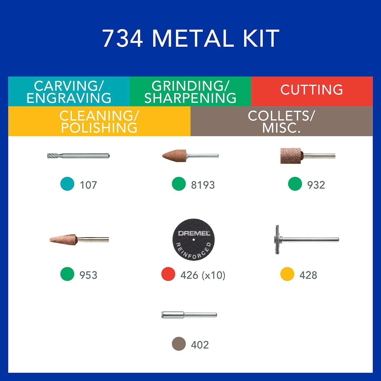 Dremel 734-01 Metal Cutting Rotary Tool Accessories Kit - 16 Piece Set - Includes Engraving Bit, Grinding Stones, and Carbon Steel Brush, Blue