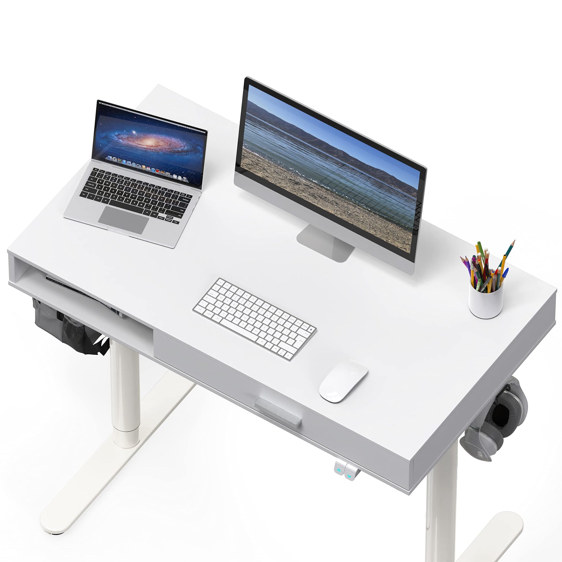 SHW Claire 40-Inch Height Adjustable Electric Standing Desk with Drawer, White - WoodArtSupply