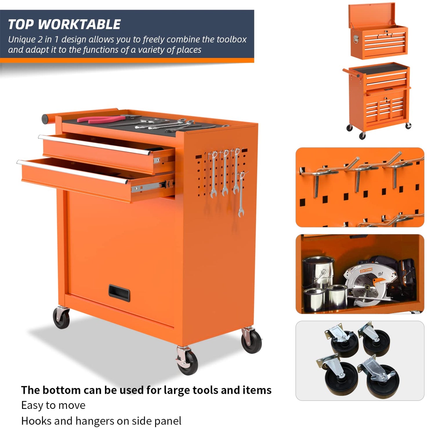 8-Drawer Rolling Tool Chest & Portable Tool Box with 2 Handles, Lockable Rolling Tool Box with 4 Hooks, Large Capacity Garage Storage Tool Cabinet SGmory