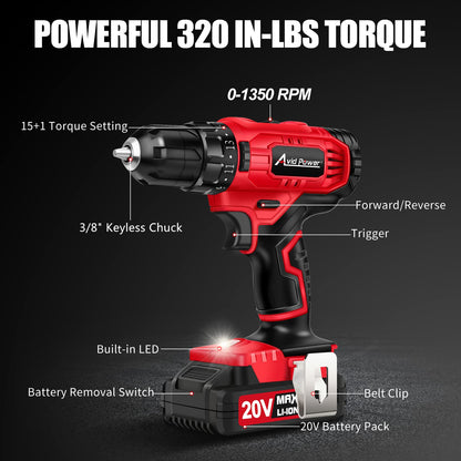 AVID POWER 20V Cordless Drill Set 320 In-lbs Torque Power Drill/Driver Kit with 41pcs Accessories and Drill Brush, 2 Variable Speed, 3/8'' Keyless - WoodArtSupply