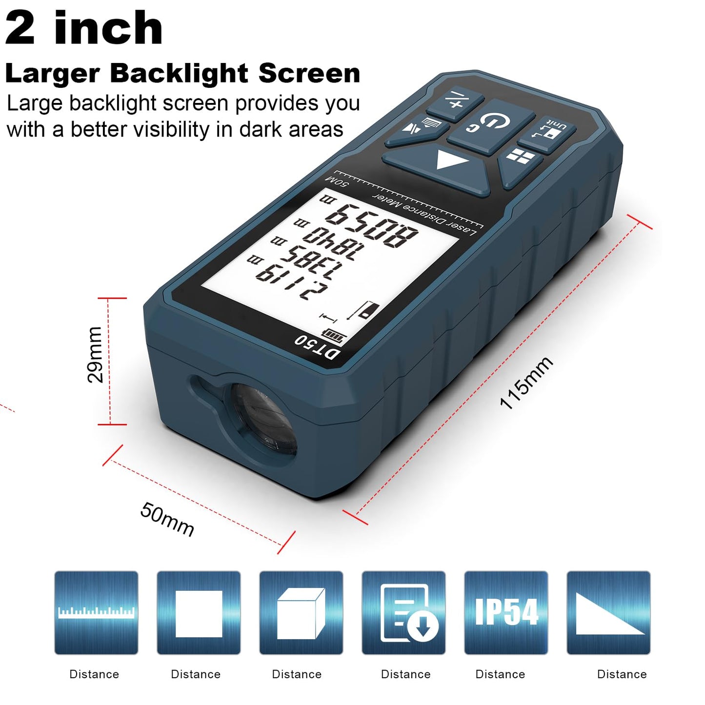 Laser Measure 165ft DT50 Laser Distance Meter 50M, Portable Handle Digital Measure Tool Range Finder, Larger Backlit LCD 4 Line Display IP54