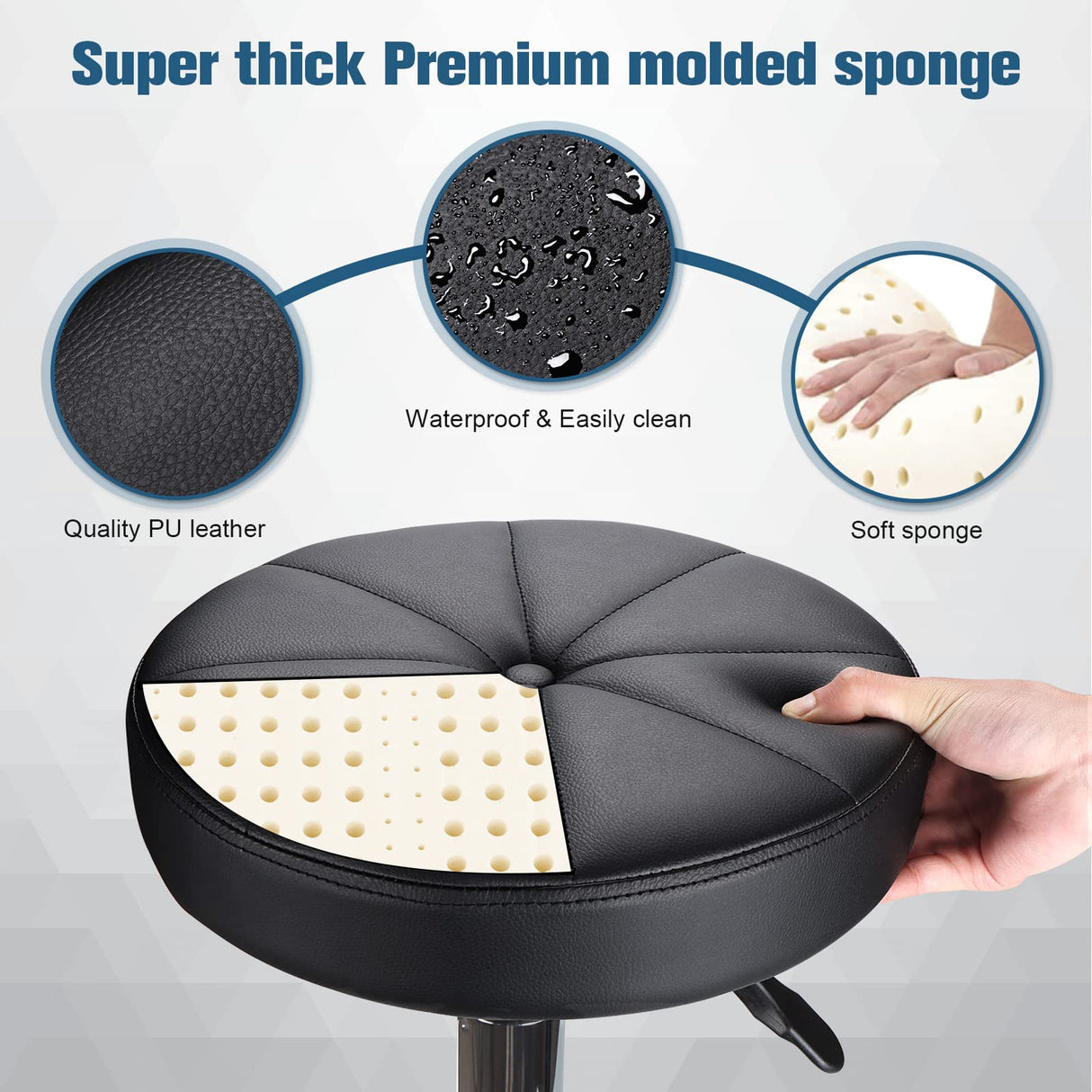 HMTOT Swivel Stool with Wheels Round Rolling Stools PU Leather Height Adjustable Black HMTOT