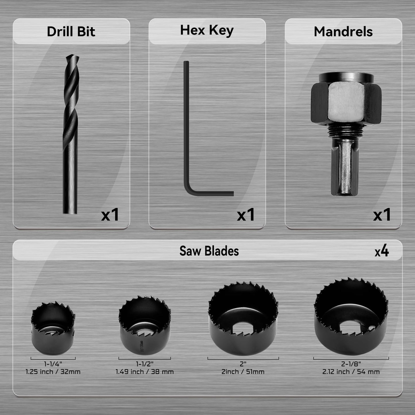 KATA 6PCS Hole Saw Kit 1-1/4" to 2-1/8"(32-54mm) Hole Saw Set in Case with Mandrels and Hex Key for Soft Wood, PVC Board, Plywood - WoodArtSupply