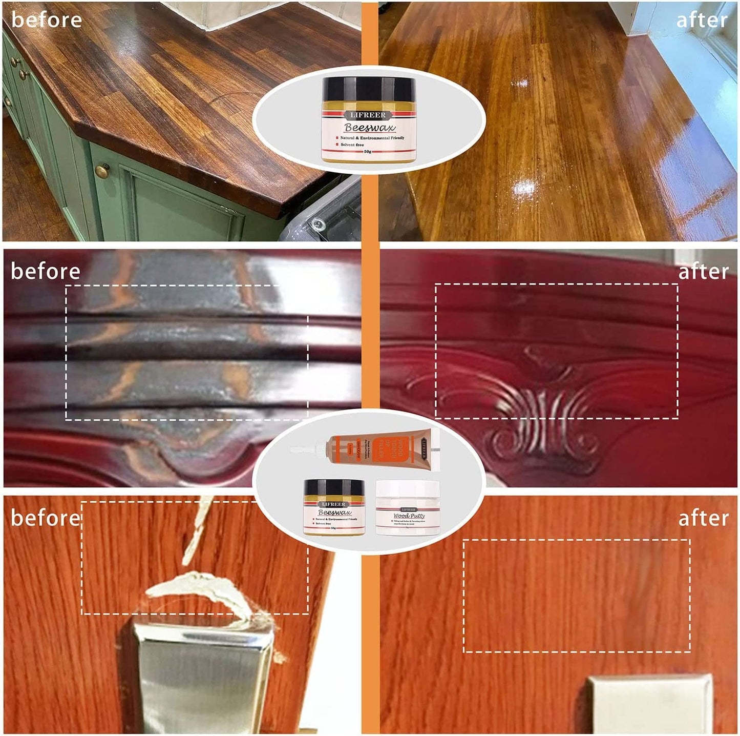 Lifreer Wood Furniture Repair Kit, High-Performance Wood Filler, Wood Putty with Beeswax - Hardwood Floor Scratch Repair Kit for Scratch, Cracks,