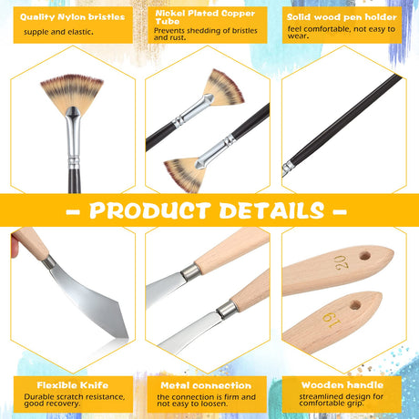 5 Pieces Painting Knife Set Background Blender Brush and Fan Blender Artist Brush Stainless Steel Palette Knife 2 Inch and 1 Inch Landscape Brush for CHENGU