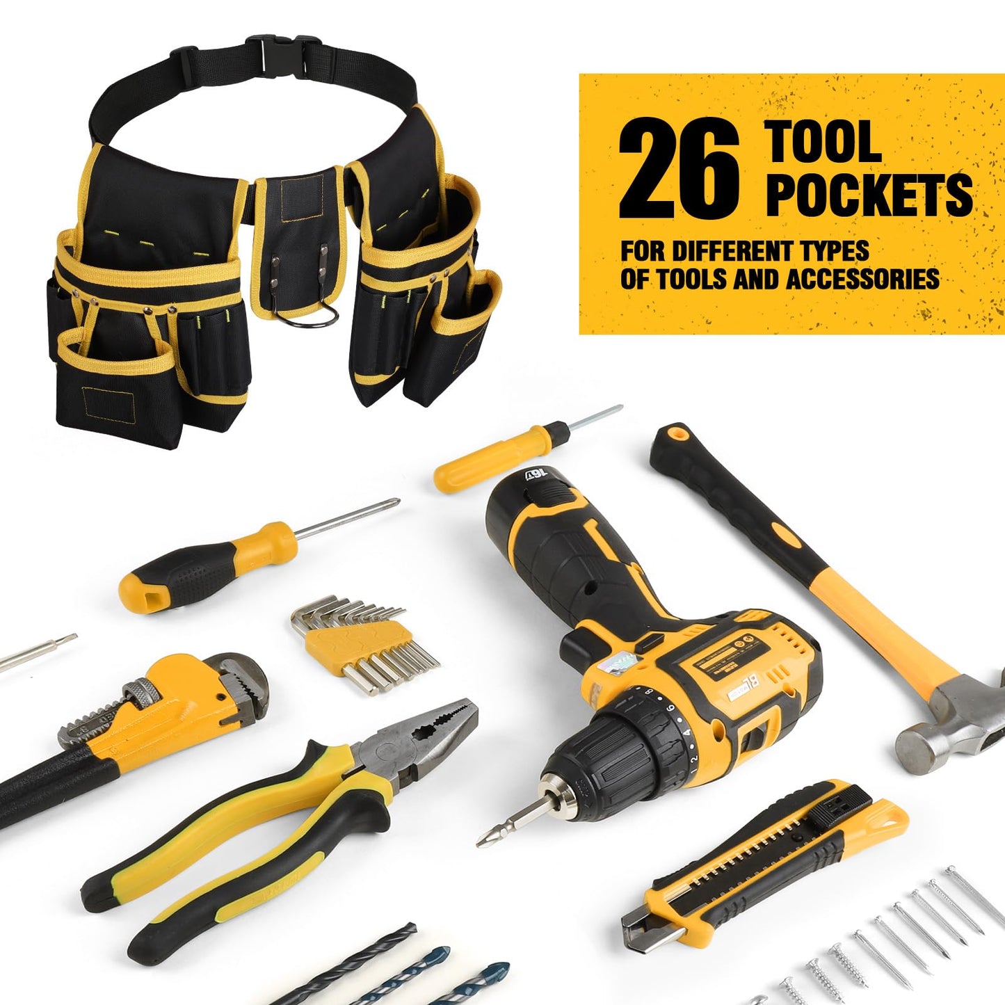 UUP Tool Belt, Magnetic Tool Pouch with 26 Pockets, Heavy Duty Work Belt Tool Organizer, Utility Waist Apron Drill Holder for Home DIY, Carpenter,