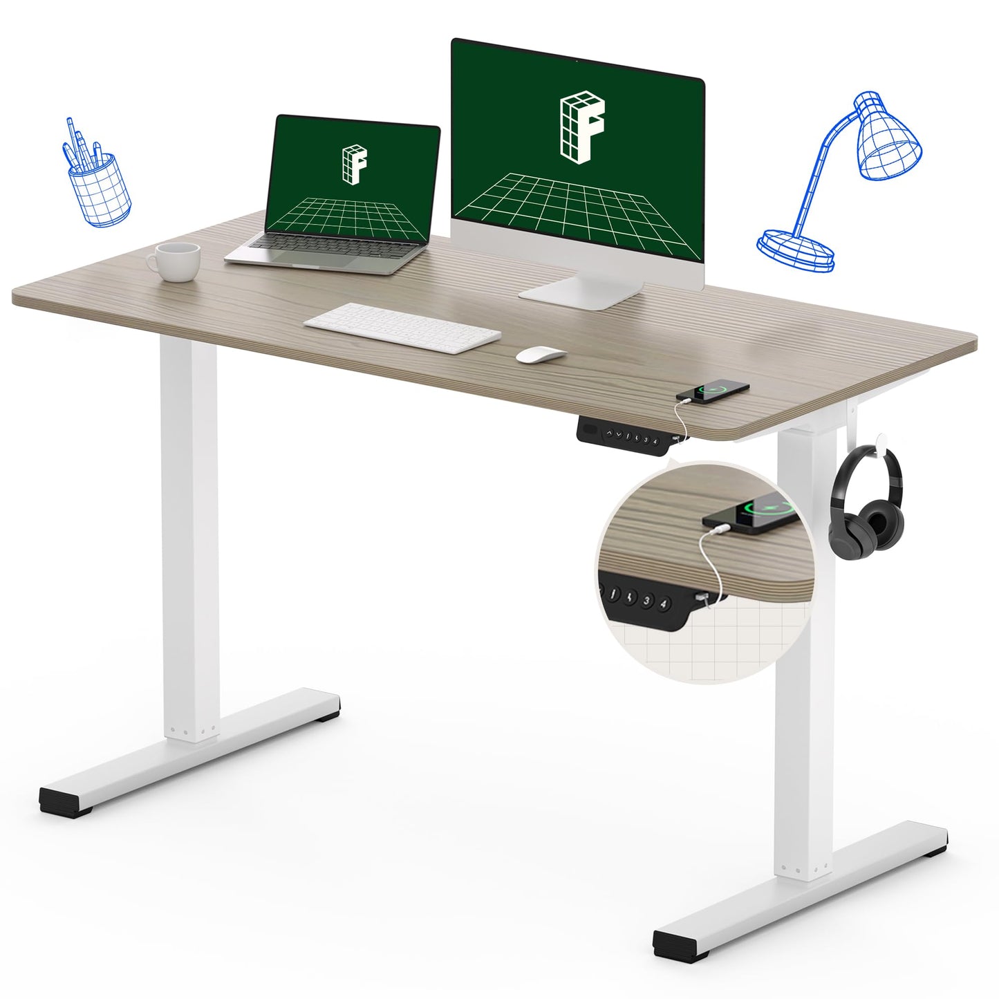 FLEXISPOT Standing Desk Quick Assembly Electric Adjustable with 48 x 24 Inches Whole-Piece Desktop Ergonomic Memory Controller Stand Up Desk(White