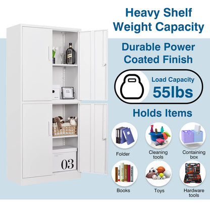 PEUKC Metal Storage Cabinet with Lock, 71" Tall Steel File Locker with 2 Adjustable Shelves and 4 Doors, Tall Cabinet for Office, Garage, Home,
