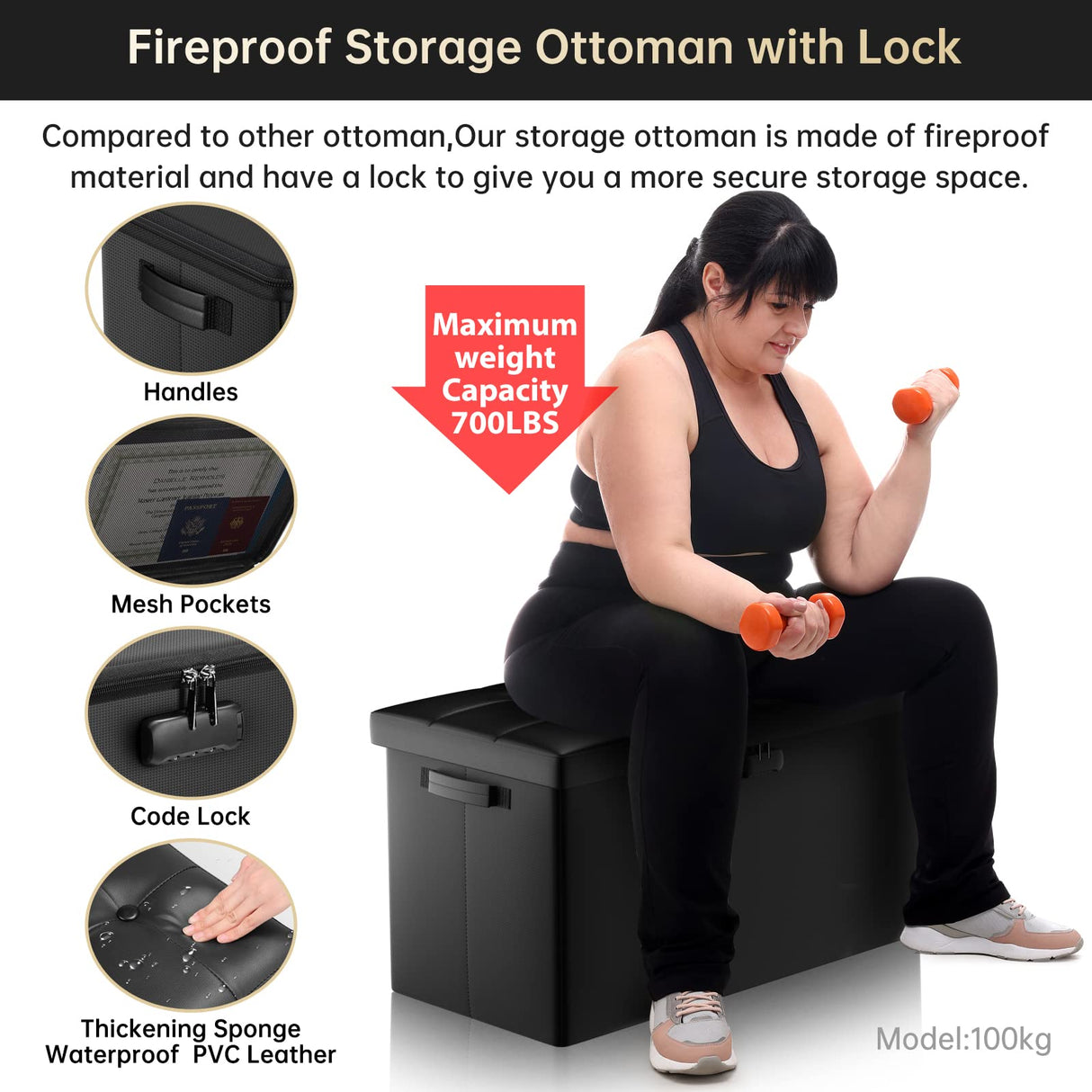 ENGPOW Storage Ottoman Bench,Fireproof Folding Storage Bench with Lock,30 Inches Fire＆Water Resistant Storage Chest Foot Rest Stool Leather Bedroom ENGPOW