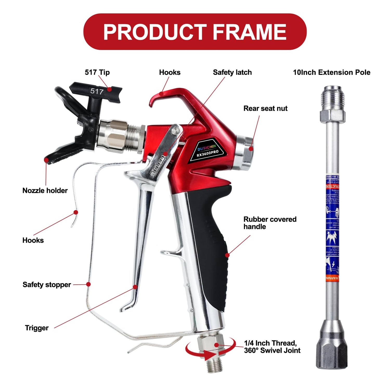 DUSICHIN Airless Paint Spray Gun High Pressure 3600 PSI Reversible 517 Nozzle Tip Guard Swivel Joint with 10 inches Extension Pole for Airless Paint DUSICHIN