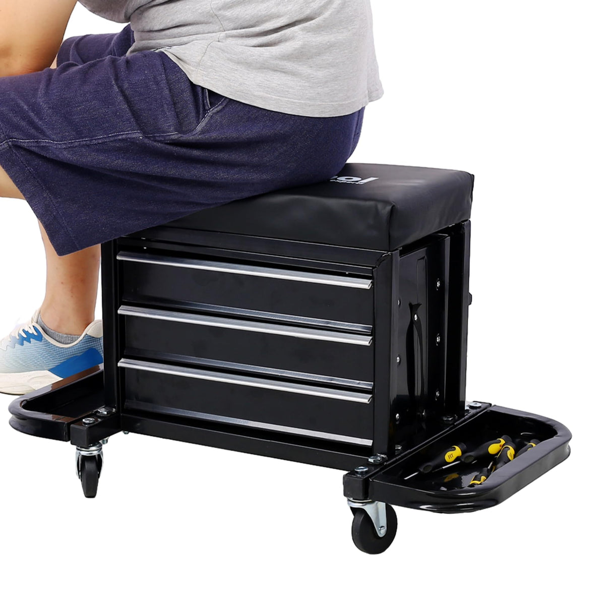 Campfun Rolling Creeper Seat, 350-Pound Capacity Garage Glider Rolling Tool Chest Seat, Mechanics Roller Seat with 3 Drawers, Rolling Tool Chest Campfun