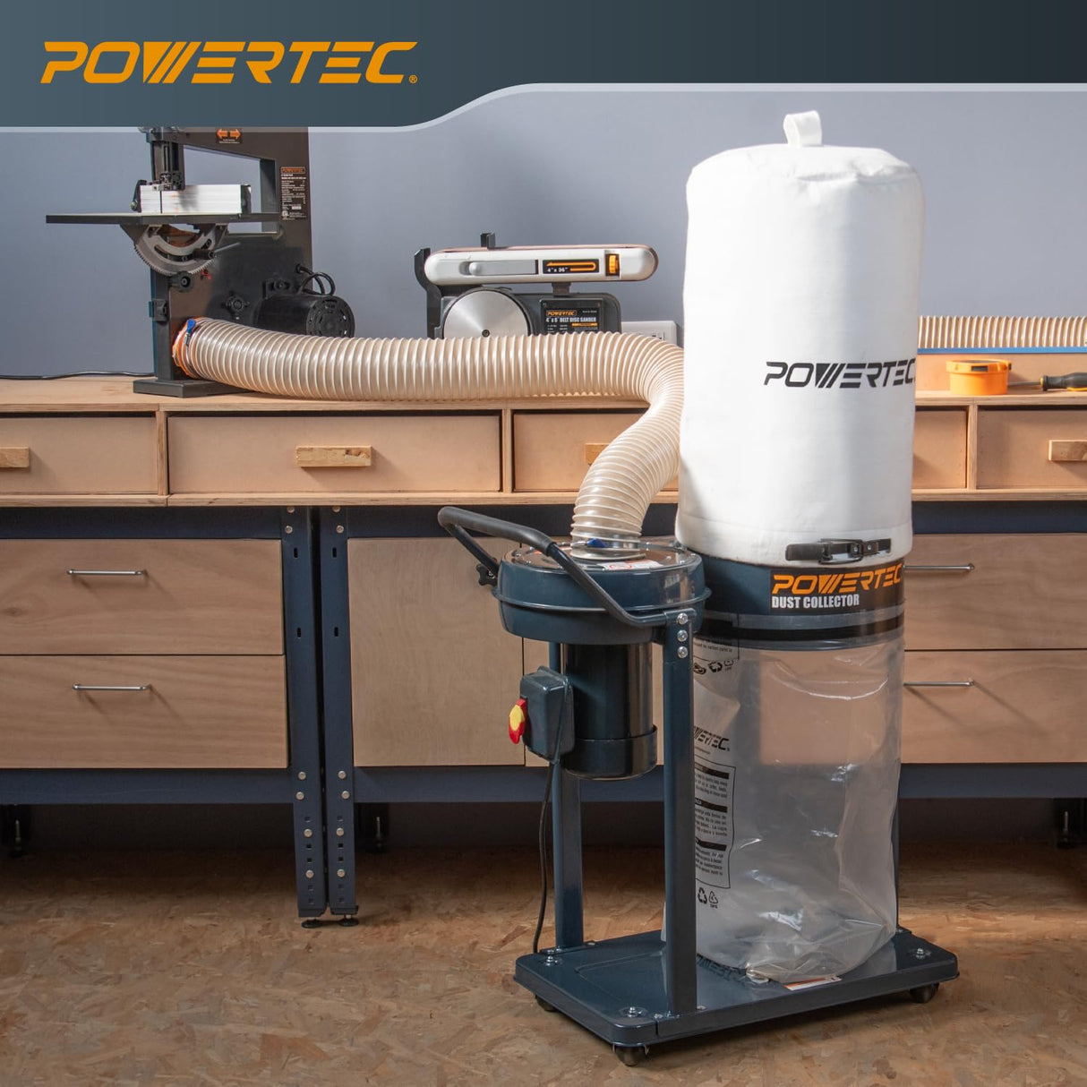 POWERTEC 1 HP Dust Collector with 1 Micron Dust Collector Bags and Mobile Base, Dust Collectors with 800 CFM for Woodworking Dust Collection System POWERTEC